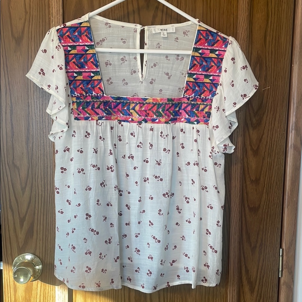 Maeve White and Pink Flutter Sleeve Blouse